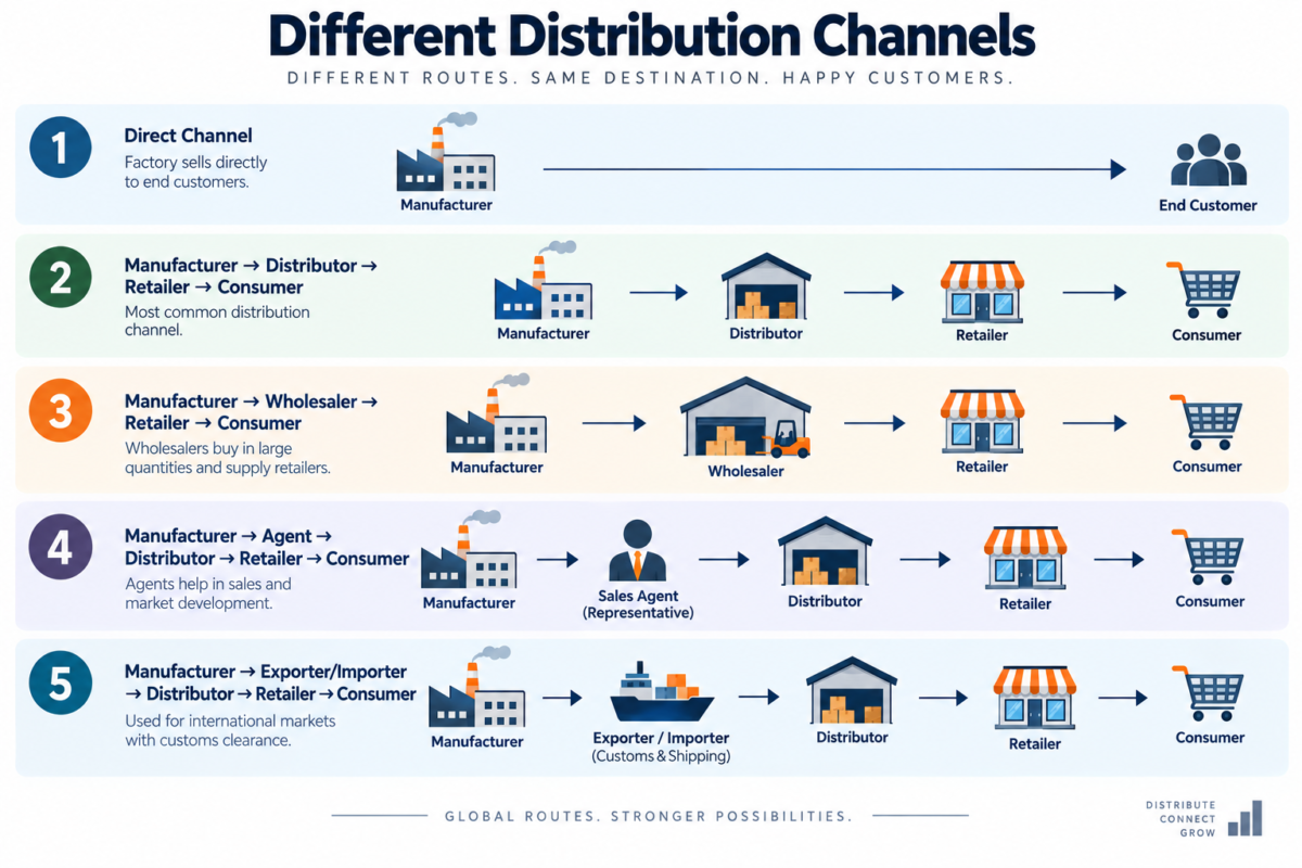 B2B distribution channels showing different routes from manufacturer to end buyer.