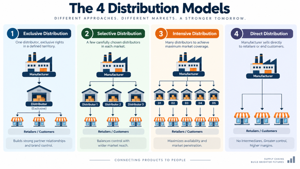 B2B distribution models showing exclusive, selective, intensive and direct distribution.
