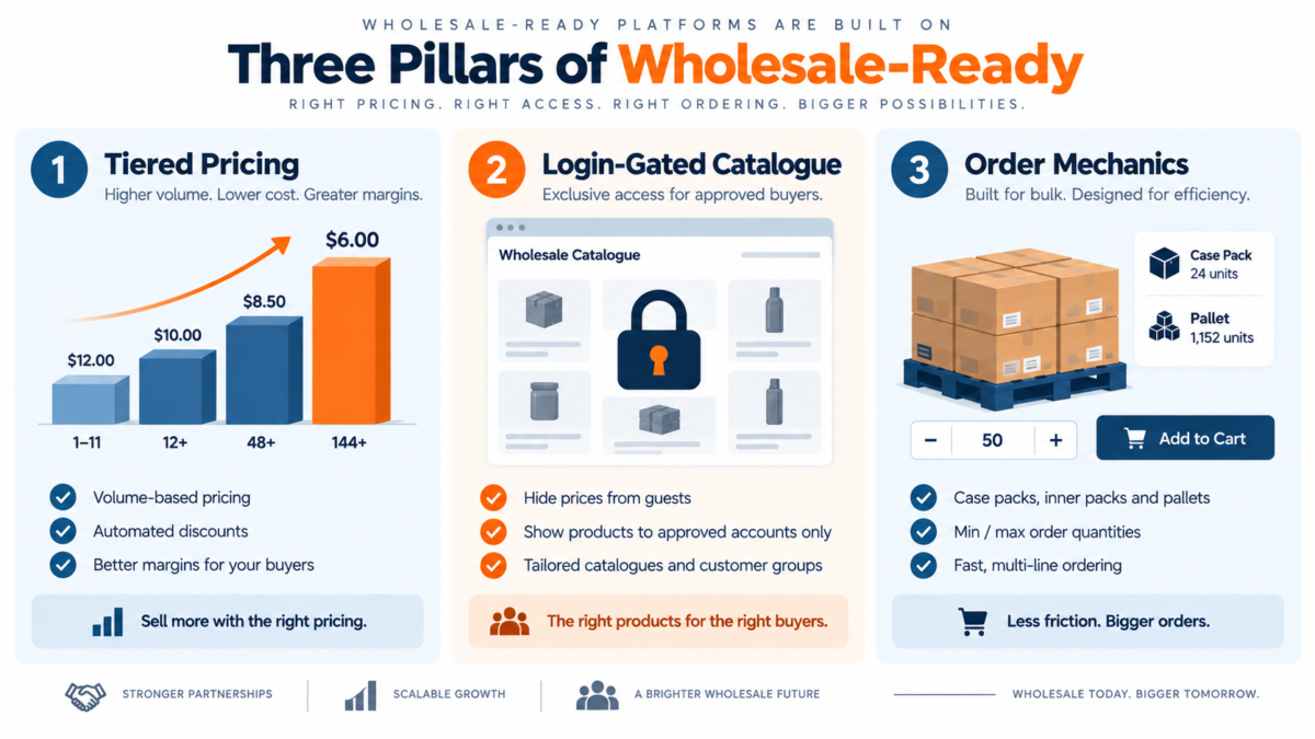Wholesale ecommerce platform showing tiered pricing, login-gated catalogue and bulk ordering.