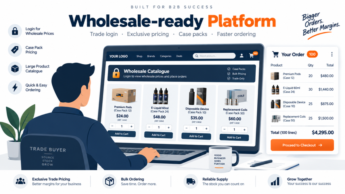 Wholesale ecommerce platform with login-gated catalogue and bulk ordering.
